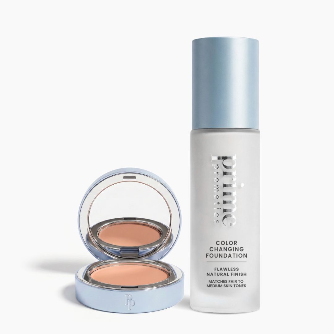 The PrimePrometics™ Perfect Match Duo includes a compact with cream foundation and mirror, plus a bottle of Color Changing Foundation for fair to medium tones, both in silver and blue packaging.