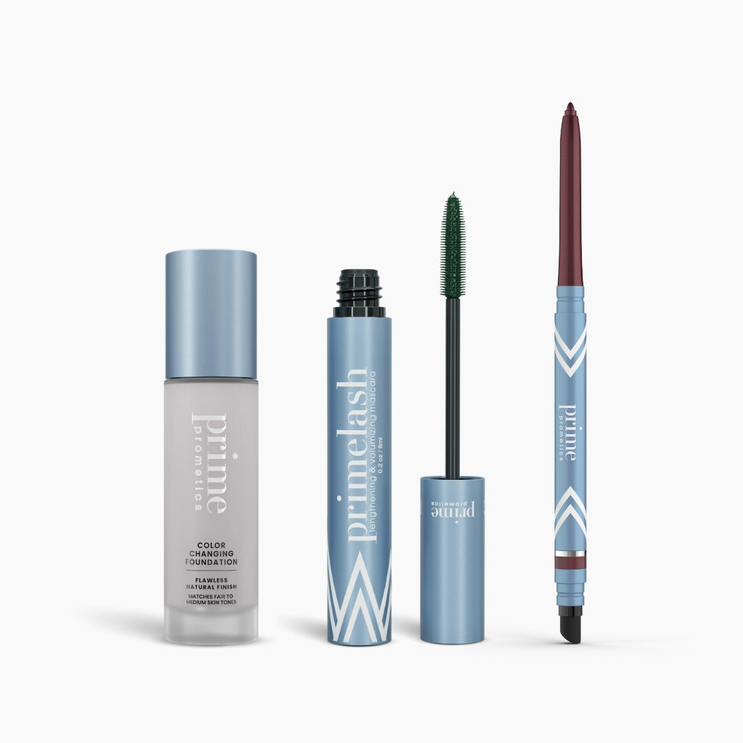 The Prime Heroes Set by PrimePrometics™ features three blue and silver products—a color changing foundation, a PrimeLash mascara with exposed wand, and a retractable eyeliner—displayed on a white background.