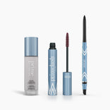 The PrimePrometics™ Prime Heroes Set features three blue and white makeup products—a Color Changing Foundation bottle, a PrimeLash Mascara tube with a visible brush, and a dual-ended eyebrow pencil—displayed on a white background.