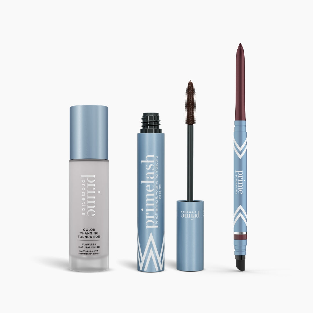 The Prime Heroes Set by PrimePrometics™ includes three blue and silver products: a Color Changing Foundation, an open PrimeLash Mascara, and a twist-up PrimeEyes Glide pencil.