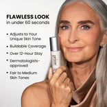 Smiling older woman with long gray hair holds a foundation bottle. Text highlights features: flawless look in under 60 seconds, adjusts to skin tone, buildable coverage, 12-hour stay, dermatologists-approved, for fair to medium skin tones.