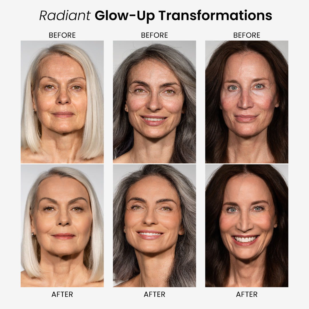 A grid of three women in before-and-after makeover photos. Each row shows a woman with visibly smoother, brighter skin after using PrimePrometics™ CCF + Conceal for a radiant complexion.