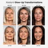 A grid of three women in before-and-after makeover photos. Each row shows a woman with visibly smoother, brighter skin after using PrimePrometics™ CCF + Conceal for a radiant complexion.