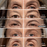 A split image shows four sets of eyes with eyebrows before and after using eyebrow products in shades: Ash Brown, Brunette, Silver Queen, and Blonde Taupe. Brows appear fuller and more defined in the after images.