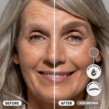 A smiling older woman’s face is split: left shows her natural brow, right reveals a fuller ash brown look after using PrimePrometics™ 2pcs PrimeBrow Tinted Gel. Text notes “before,” “after,” “water resistant,” and uniform thickness.
