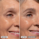 Side-by-side close-up of an older woman’s eye area; left shows natural brows labeled Before, right reveals fuller, defined brows with 2pcs PrimeBrow Tinted Gel in Ash Brown by PrimePrometics™, highlighting beautiful gray eyebrow coverage.