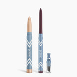 PrimePrometics™ Eye Lift Duo: includes an illuminating champagne eyeshadow stick, a deep mauve eyeliner for women over 50, and a water-resistant black liquid eyeliner—all in blue and white chevron packaging on a white background.