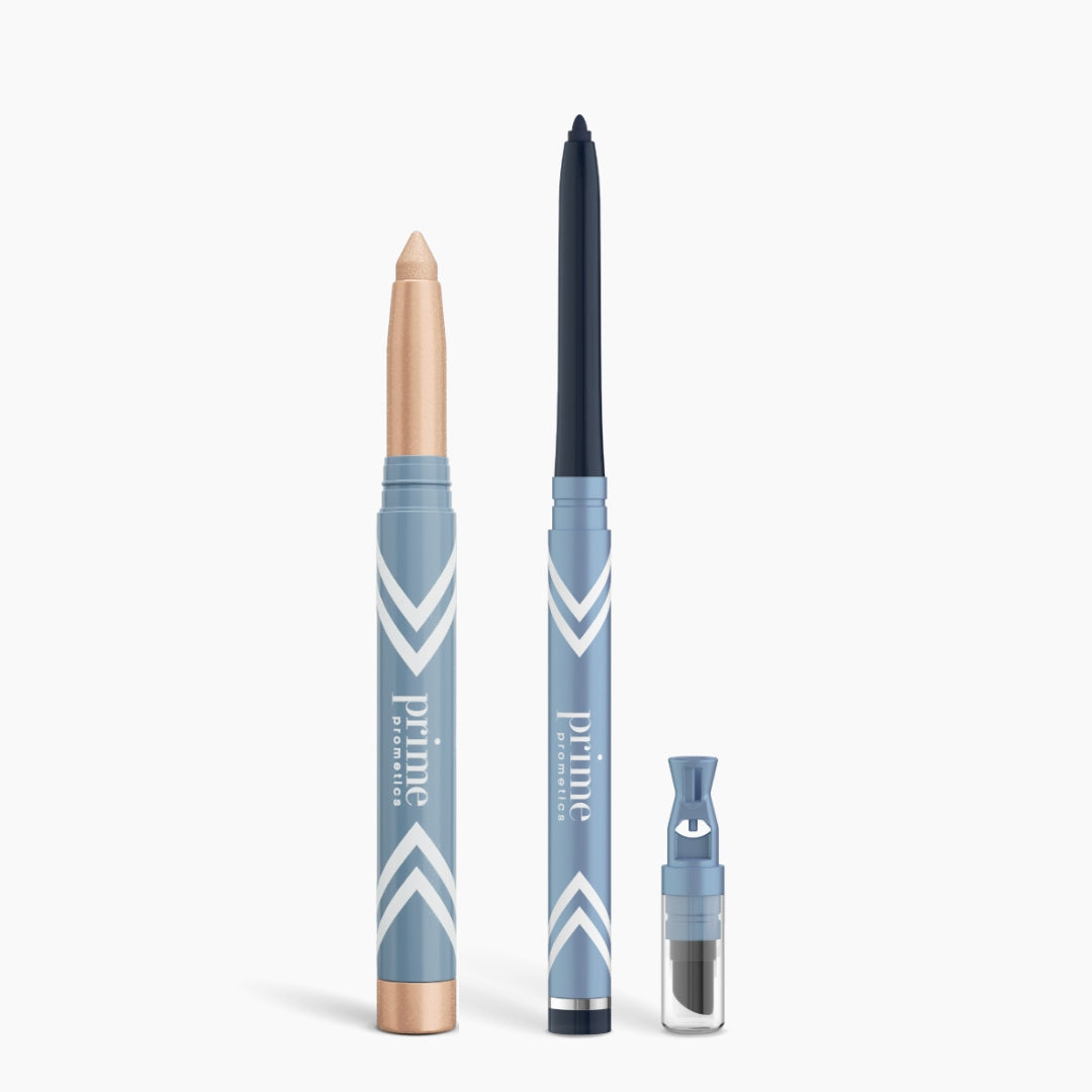 The PrimePrometics™ Eye Lift Duo stands upright on a white background: a water-resistant champagne eye tint, navy eyeliner for women over 50, and a clear sharpener—perfect for effortless beauty.