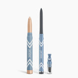 Three blue makeup products from PrimePrometics™ are shown: the Eye Lift Duo, a black eyeliner for women over 50, and a small vial with a blue cap, all standing upright on a white background.