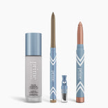 PrimePrometics™ All-Day Confidence Bundle shown on a white background includes a color-changing foundation, glide eyeliner pencil, vial with applicator, and chubby eyeshadow stick in matching blue and white packaging with silver accents.
