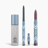The All-Day Confidence Bundle by PrimePrometics™ features four makeup products in blue packaging: a color-changing foundation, slim eyeliner pencil, brightener vial, and crayon-style makeup stick with rounded tip.