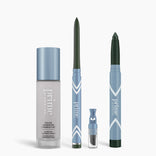 The PrimePrometics™ All-Day Confidence Bundle is displayed upright in light blue packaging: a color changing foundation bottle, glide eyeliner pencil, small capsule, and thicker eye crayon against a white background.