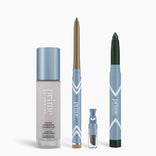 The All-Day Confidence Bundle from PrimePrometics™ includes a color changing foundation bottle, gold eyeliner pencil, brow powder container, and green eye brightener crayon—all upright in light blue packaging with white accents.