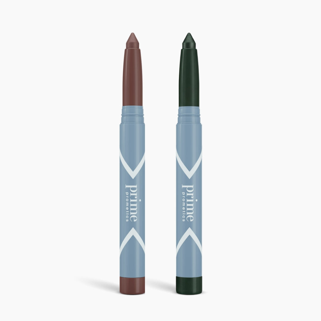 Two twist-up sticks from PrimePrometics™—the 2pcs PrimeEyes Eyeshadow Matte—feature blue-gray packaging, with one brown and one deep green matte tip, both upright against a white background.