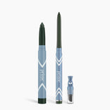 Three PrimePrometics™ Eye Lift Duo products on white: two blue twist-up, water-resistant eye pencils and a small blue container with clear window revealing illuminating eye tint. Ideal eyeliner for women over 50 seeking defined, radiant eyes.