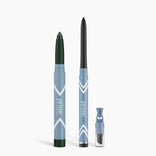 PrimePrometics™ Eye Lift Duo features dark green and black water-resistant twist-up sticks and a small blue container with a clear bottom. Ideal for women over 50 seeking lasting, vibrant eyeliner color.