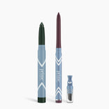 Three PrimePrometics™ Eye Lift Duo water-resistant twist-up eyeliners (dark green & plum) and one small blue cylindrical illuminating eye tint with gray applicator, all shown on a white background.