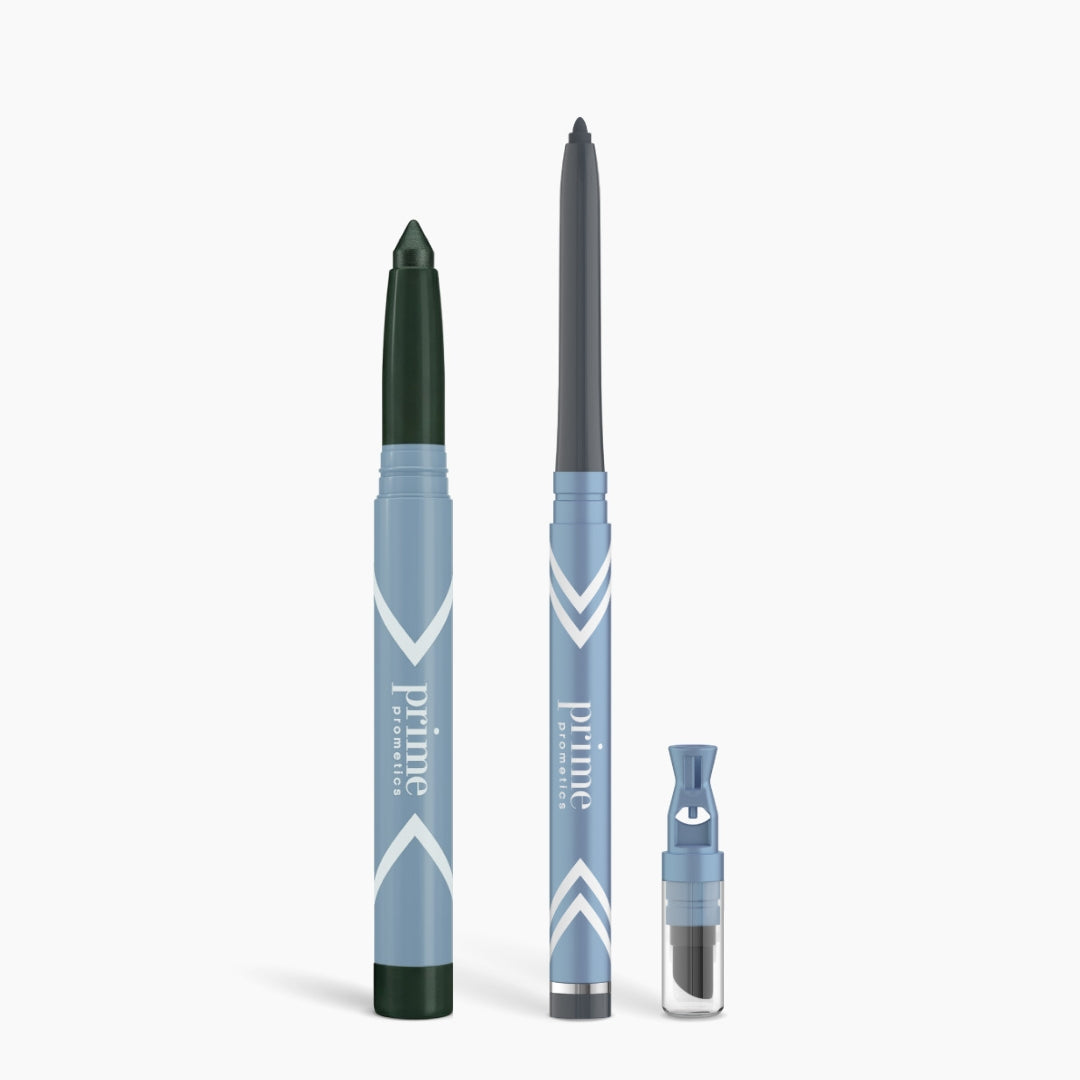 Three PrimePrometics™ Eye Lift Duo products in light blue packaging—a thick green crayon, a slim gray eyeliner for women over 50, and a small capsule with a blue cap—stand upright on a white background.