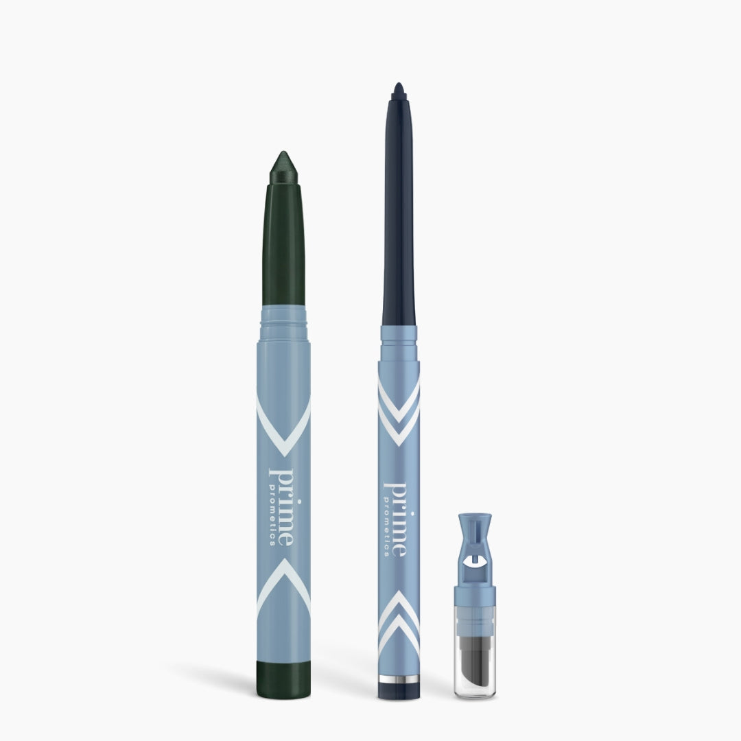 Two PrimePrometics™ Eye Lift Duo products—an eyeshadow stick and an illuminating eye tint—plus a navy blue eyeliner, all against a white background and ideal for women over 50.