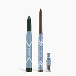 Three PrimePrometics™ Eye Lift Duo products on a white background: a green illuminating eye tint in crayon-style pencil, a brown water-resistant duo slim twist-up pencil, and a small blue container, likely eyeliner for women over 50.