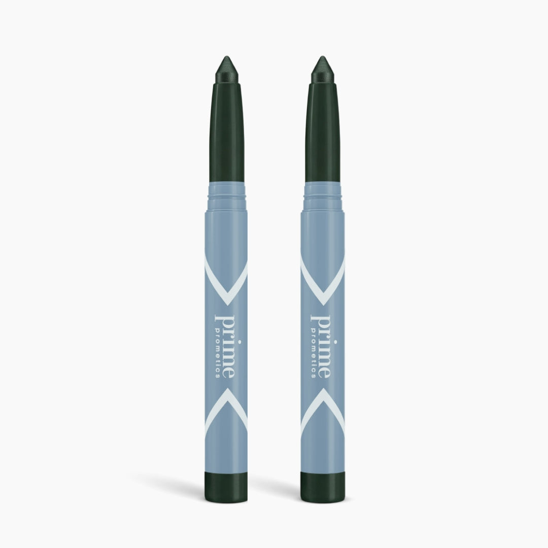Two blue makeup sticks with dark green caps and tips, labeled PrimeEyes Eyeshadow, stand upright against a white background—PrimePrometics™ 2pcs PrimeEyes Eyeshadow Matte Duo for versatile, matte eye looks.