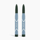Two blue makeup sticks with dark green caps and tips, labeled PrimeEyes Eyeshadow, stand upright against a white background—PrimePrometics™ 2pcs PrimeEyes Eyeshadow Matte Duo for versatile, matte eye looks.