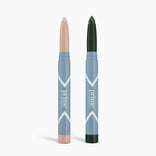 Two PrimePrometics™ 2pcs PrimeEyes Eyeshadow Matte sticks, one with a beige tip and one with a dark green tip, stand upright on a white background—perfect for creating stunning matte eyeshadow looks.