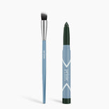 The Seamless Shadow Bundle Matte by PrimePrometics™ features a blue Cream Eyeshadow Brush with a silver ferrule, black-and-white bristles, and a blue matte eyeshadow stick with a dark green tip.