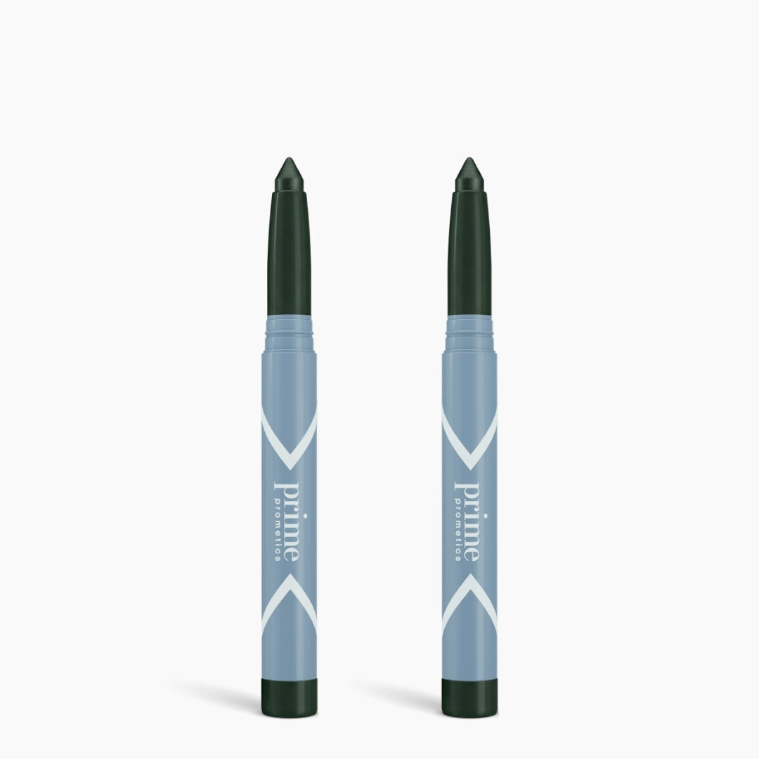 Two PrimePrometics™ 2pcs PrimeEyes Eye Brightener crayons stand upright against a white background, featuring blue bodies and dark green tips, ready to be used as eye brighteners.