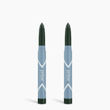 Two PrimePrometics™ 2pcs PrimeEyes Eye Brightener crayons stand upright against a white background, featuring blue bodies and dark green tips, ready to be used as eye brighteners.