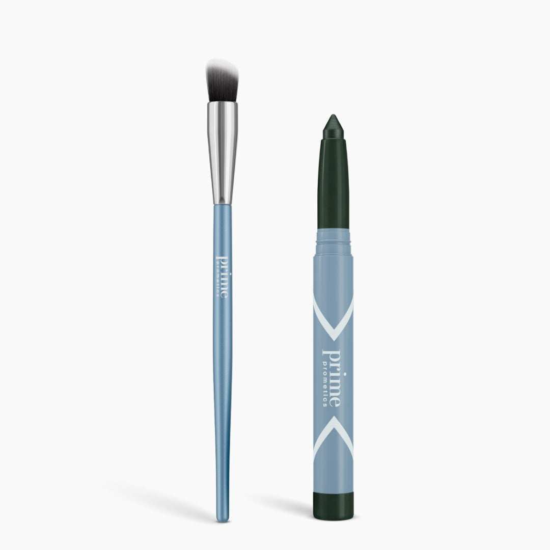 The PrimePrometics™ Radiance Duo features a blue-handled Cream Eyeshadow Brush and a matching eyeshadow stick, both labeled prime—an ideal set for applying cream eyeshadow.