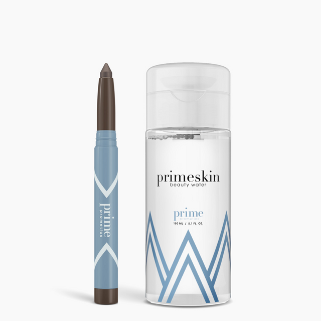 A blue Before & After Eye Kit stick and a clear PrimePrometics™ beauty water bottle are displayed side by side, both featuring simple blue and white geometric designs on their packaging.