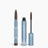 Two blue makeup products from PrimePrometics™ are shown: the Iconic Matte Eye Kit with a brown eyeliner pencil on the left and a blue mascara tube with the wand extended on the right, both labeled prime in white text.
