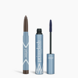 Two PrimePrometics™ Iconic Matte Eye Kit products stand upright on a white background: a brown-tipped matte eyeliner pencil on the left and an open tube of mascara with its wand on the right. Both containers are light blue with white text.