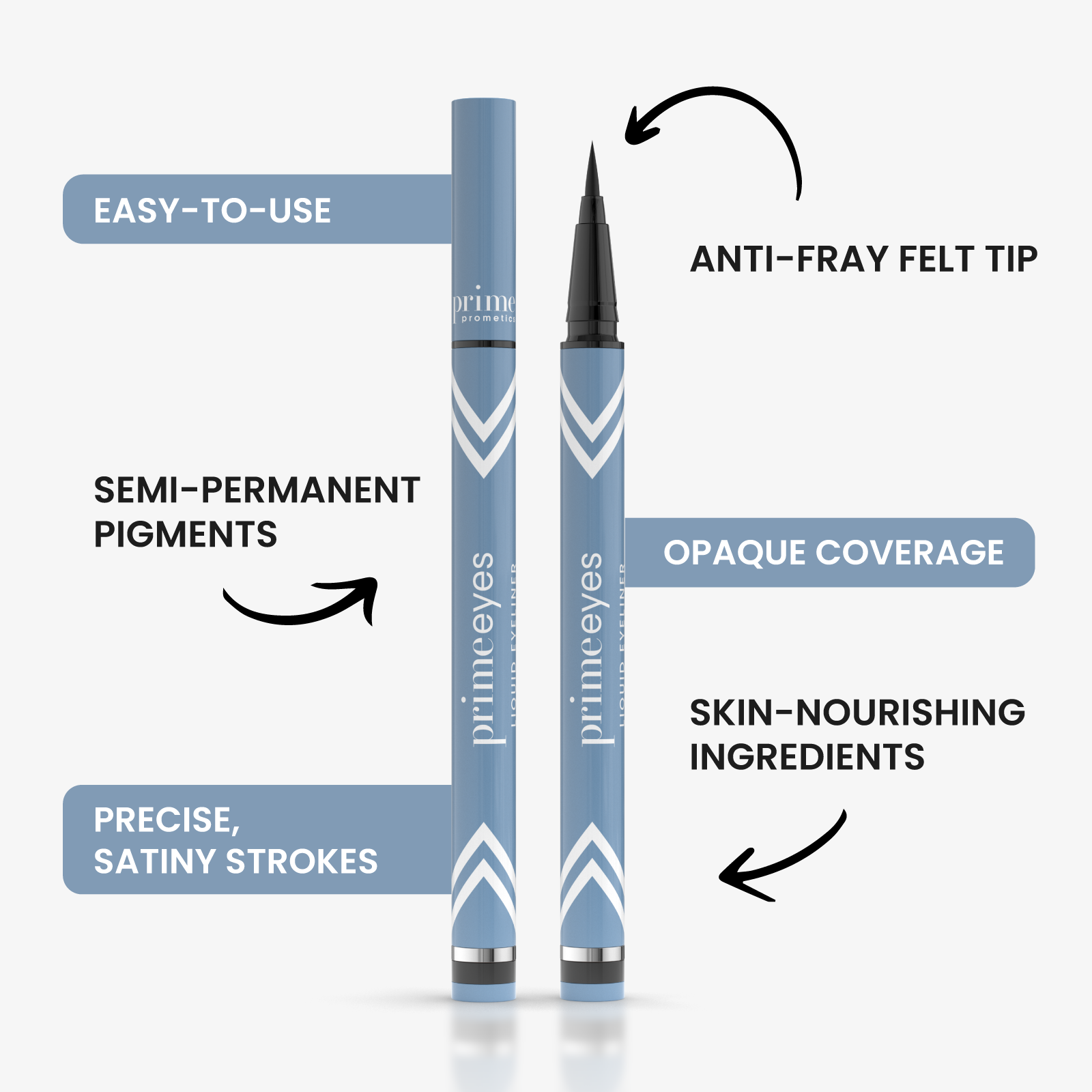 Two blue PrimePrometics™ PrimeEyes pens stand upright on a white background: the left is a Liquid Eyeliner with a pointed felt tip, and the right is a Glide Eyeliner with a rounded twist-up tip.