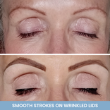 Close-up of closed eyes on wrinkled lids: top shows sparse brows, no liner; bottom features filled brows and smooth winged lines with 2pcs PrimeEyes Liquid Eyeliner by PrimePrometics™. Text: “Smooth strokes on wrinkled lids.”.