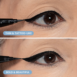 Close-up using PrimePrometics™ 3pcs PrimeEyes Liquid Eyeliner: Top image features a thin, tattoo-like line; bottom displays a bold, dramatic line—showing the eyeliner's versatile precision.