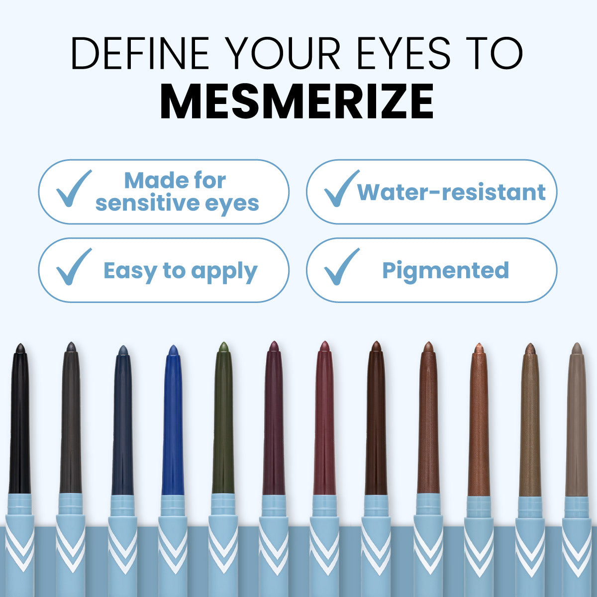 Abbildung von zwölf „PrimeEyes Glide Eyeliner“-Stiften von PrimePrometics™ in verschiedenen leuchtenden Farbtönen, begleitet von dem Text: Betonen Sie Ihre Augen und ziehen Sie alle Blicke auf sich. Zu den Eigenschaften zählen wasserfeste, hochpigmentierte Farben, die schonend zu empfindlichen Augen sind und sich leicht auftragen lassen – ideal als wischfester Eyeliner für reife Augenlider.