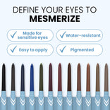 Abbildung von zwölf „PrimeEyes Glide Eyeliner“-Stiften von PrimePrometics™ in verschiedenen leuchtenden Farbtönen, begleitet von dem Text: Betonen Sie Ihre Augen und ziehen Sie alle Blicke auf sich. Zu den Eigenschaften zählen wasserfeste, hochpigmentierte Farben, die schonend zu empfindlichen Augen sind und sich leicht auftragen lassen – ideal als wischfester Eyeliner für reife Augenlider.
