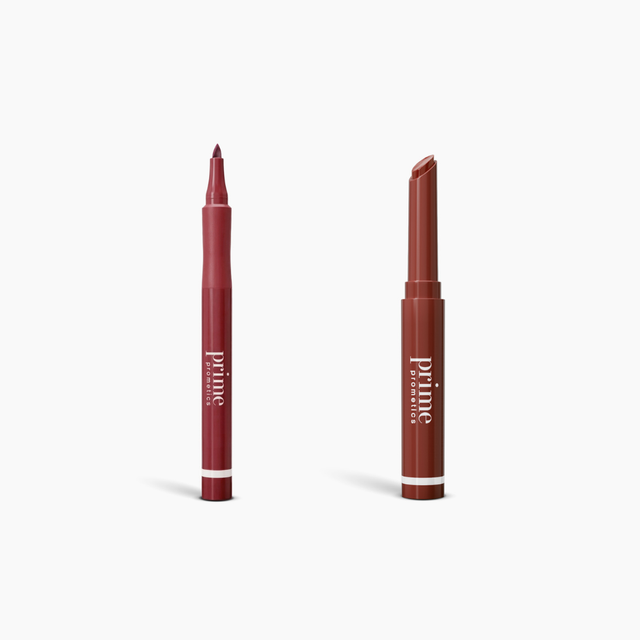 Two red lip products from PrimePrometics™'s Lip Essentials Set stand upright on a white background: one is a slim pen-style lip stain, the other a classic twist-up lipstick.