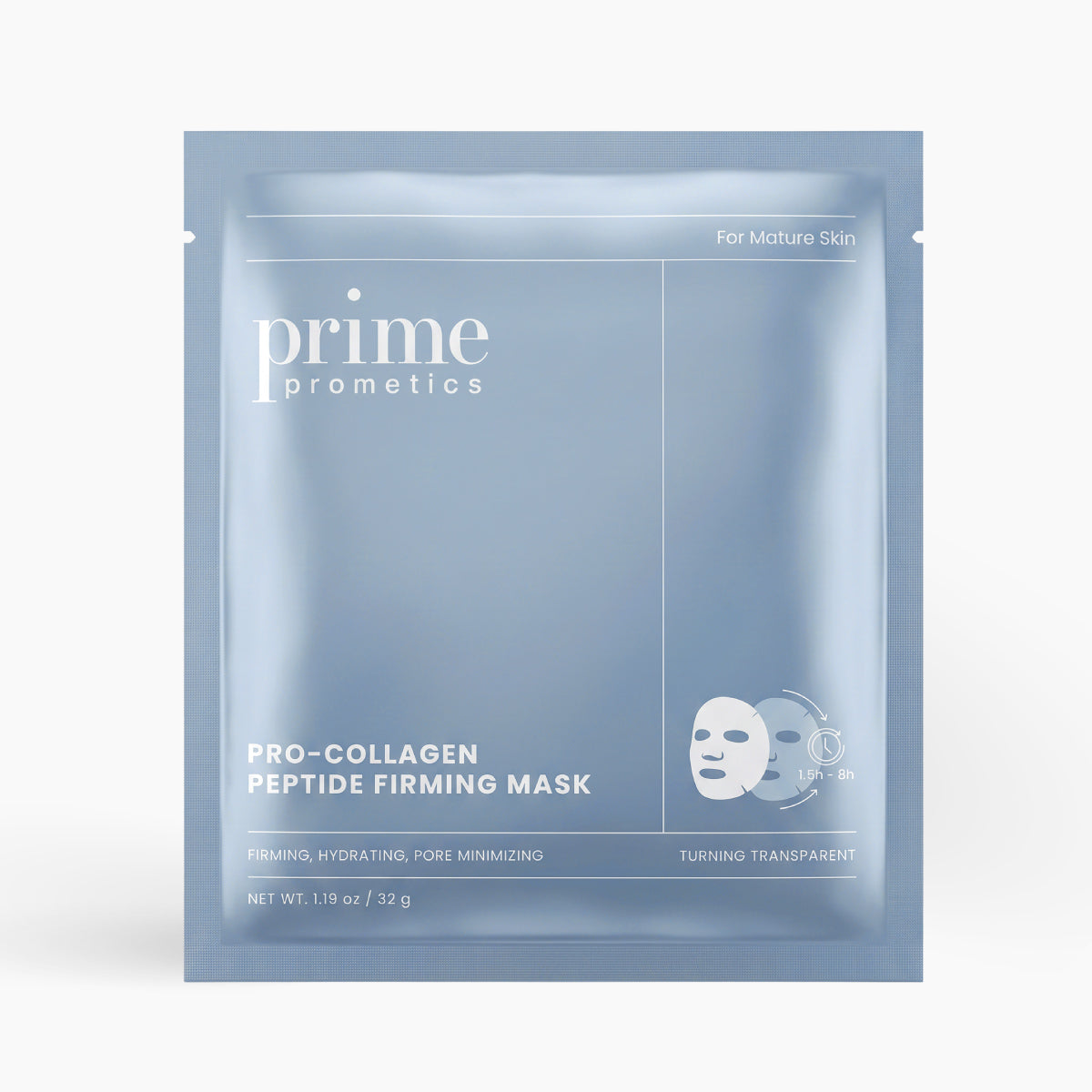 Auf einer hellblauen Verpackung mit der Aufschrift „PrimePrometics™ Pro-Collagen Peptide Firming Mask“ sind Symbole abgebildet, die die Anwendung der Maske veranschaulichen. Der Text hebt die Vorteile wie Feuchtigkeitsversorgung über Nacht, straffende Wirkung, Feuchtigkeitszufuhr und Porenverkleinerung hervor und weist darauf hin, dass das Produkt speziell für reife Haut entwickelt wurde.