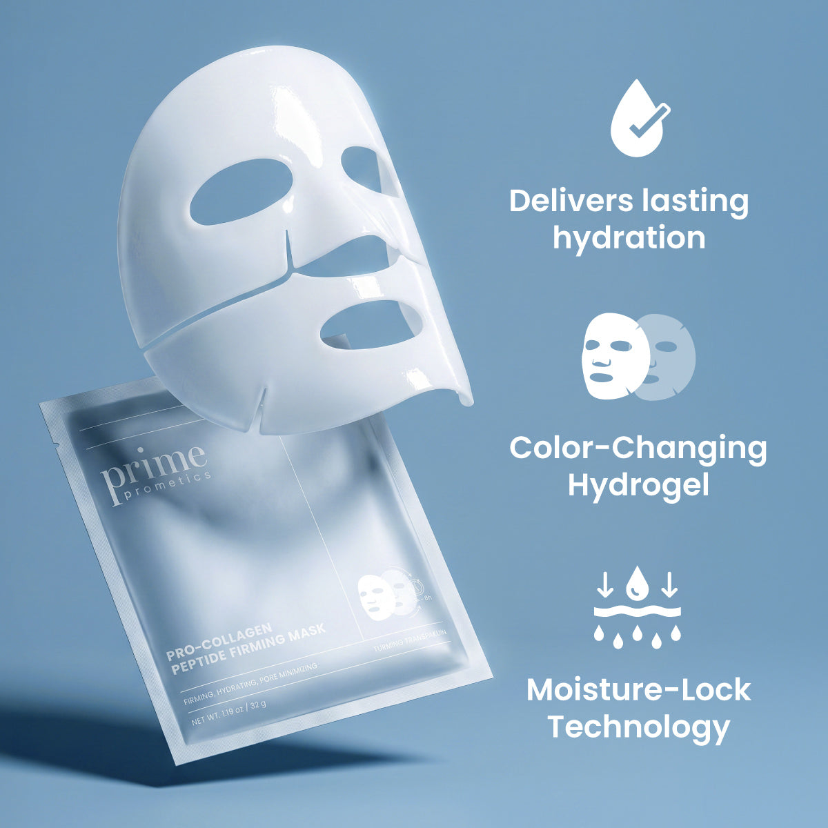 Eine schwebende weiße „Pro-Collagen Peptide Firming Mask“ von PrimePrometics™ schwebt über ihrer Verpackung, während Text und Symbole darauf hinweisen: „Lang anhaltende Feuchtigkeitsversorgung“, „Farbwechselndes Hydrogel“ und „Moisture-Lock-Technologie“ für nächtliche Feuchtigkeitsversorgung und reife Haut – alles vor einem blauen Hintergrund.
