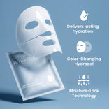 Eine schwebende weiße „Pro-Collagen Peptide Firming Mask“ von PrimePrometics™ schwebt über ihrer Verpackung, während Text und Symbole darauf hinweisen: „Lang anhaltende Feuchtigkeitsversorgung“, „Farbwechselndes Hydrogel“ und „Moisture-Lock-Technologie“ für nächtliche Feuchtigkeitsversorgung und reife Haut – alles vor einem blauen Hintergrund.