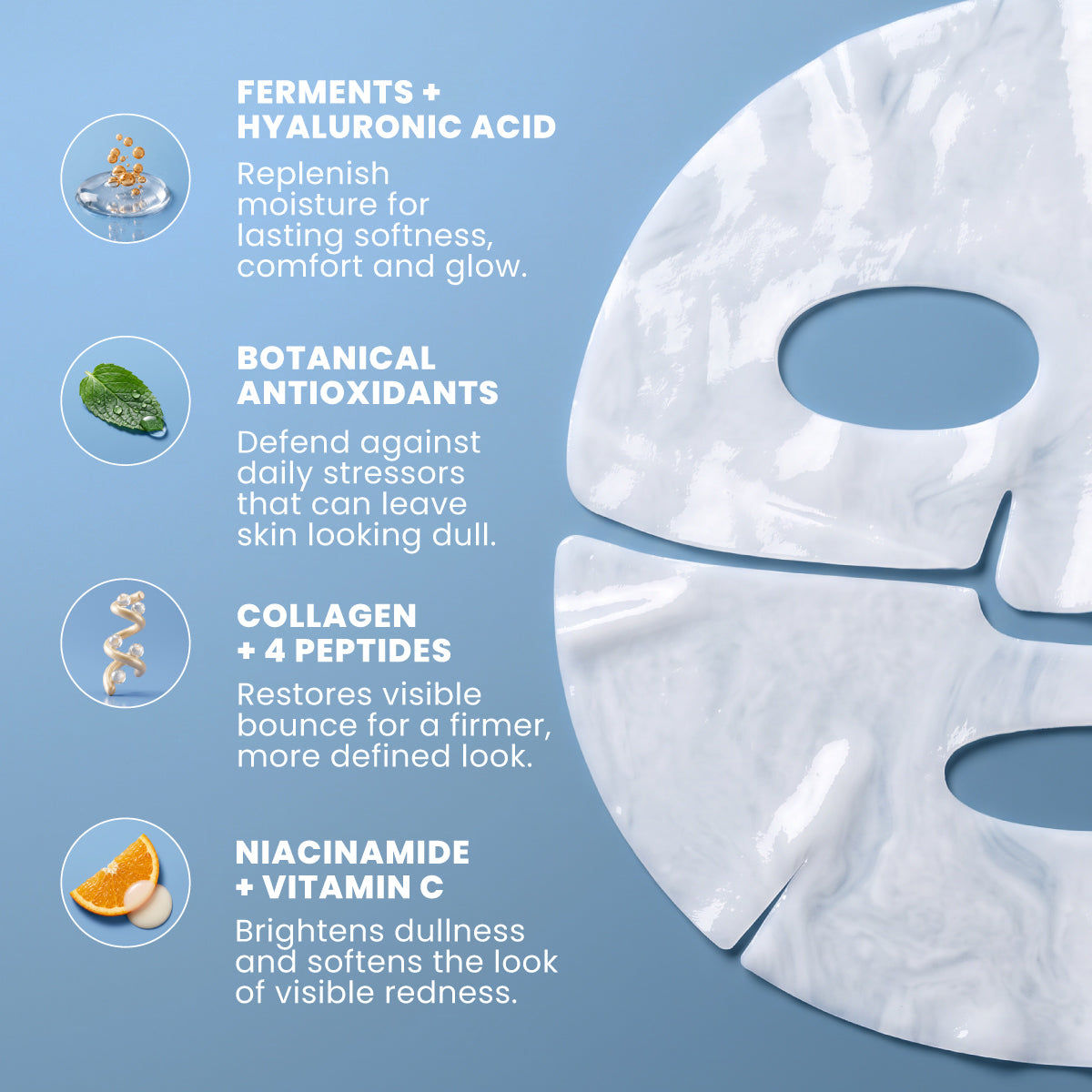 Eine weiße „Pro-Collagen Peptide Firming Mask“ von PrimePrometics™ ist vor einem blauen Hintergrund abgebildet, begleitet von Bildern der Inhaltsstoffe und Texten, die ihre Vorteile hervorheben: Hyaluronsäure für Feuchtigkeitsversorgung über Nacht, pflanzliche Antioxidantien, Kollagen + Peptide für mehr Straffheit sowie Niacinamid + Vitamin C – ideal für reife Haut, die besondere Pflege benötigt.