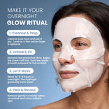 Eine Frau trägt die PrimePrometics™ Pro-Collagen Peptide Firming Mask. Links werden in einem Text vier Schritte der Hautpflege hervorgehoben: reinigen, auspacken, die Maske einwirken lassen und abziehen, um eine glattere, strahlendere Haut zum Vorschein zu bringen. Der blaue Hintergrund sorgt für eine beruhigende Atmosphäre – ideal für alle, die sich über Nacht mit Feuchtigkeit versorgen und ihre reife Haut besonders pflegen möchten.