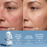 Nebeneinander angeordnete Nahaufnahmen des Gesichts einer Frau zeigen nach der Anwendung der PrimePrometics™ Pro-Collagen Peptide Firming Mask eine verminderte Rötung, glattere Haut und sichtbar kleinere Poren. Ein Bildtext hebt Vorteile wie straffere Haut, Feuchtigkeitsversorgung über Nacht und gemilderte feine Linien hervor – was die Maske zur idealen Wahl für reife Haut macht.