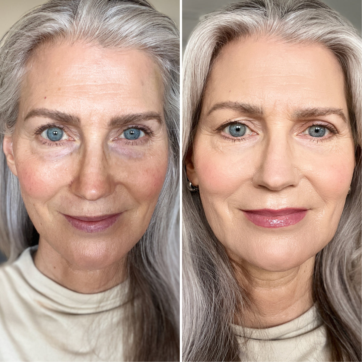 Side-by-side close-up of an older woman with gray hair, showing her face before (left, natural look) and after (right, wearing makeup with smoother skin and enhanced features) in similar lighting.