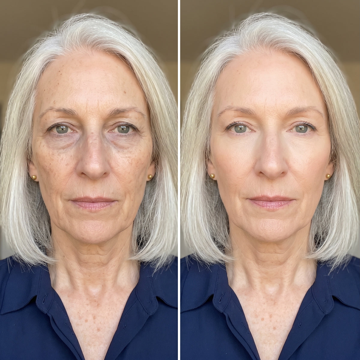 Side-by-side comparison of an older woman with gray hair, showing her face before and after makeup application. The left side shows natural skin; the right side shows smoother, more even-toned skin.