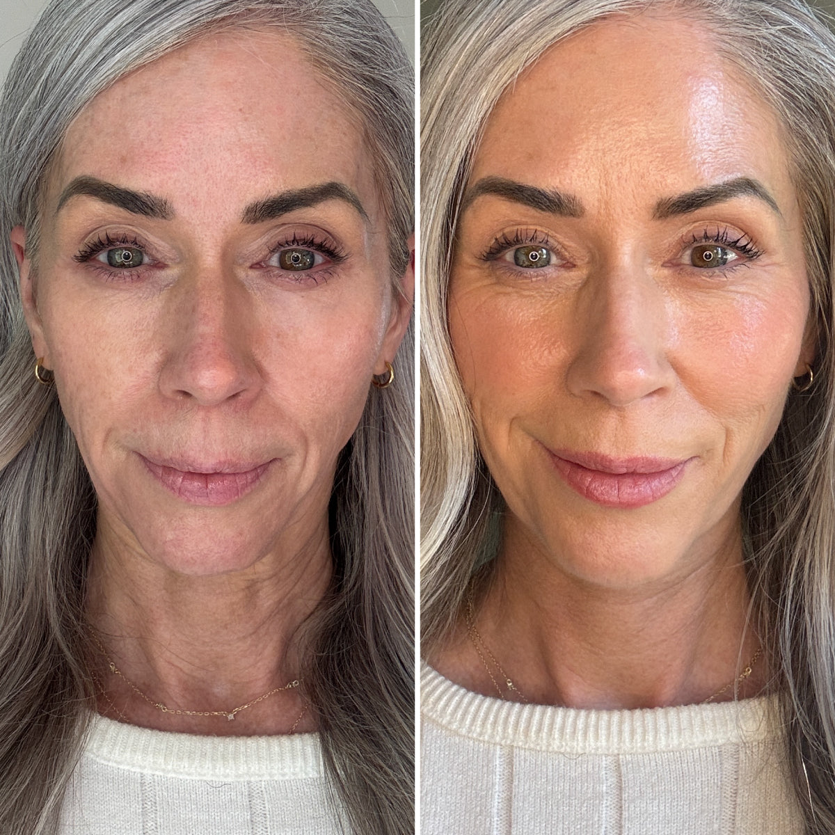 Side-by-side close-ups of a woman with gray hair. On the left, her face is makeup-free; on the right, she has makeup applied, giving her skin a smoother, more radiant appearance. She wears a cream-colored top in both.