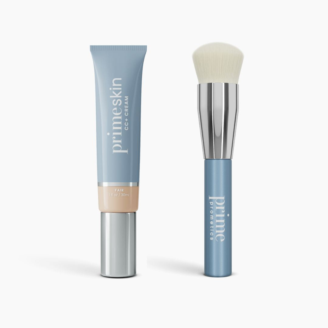 The Flawless Finish Bundle by PrimePrometics™ features a light blue tube and matching blue-handled foundation brush with silver ferrule and rounded bristles, both displayed on a white background.